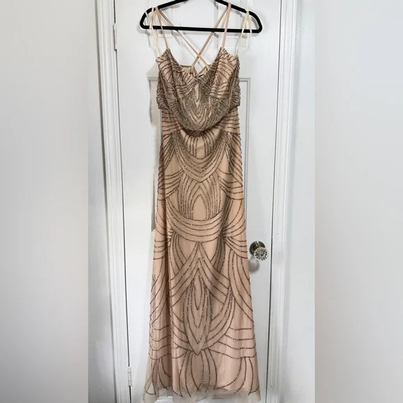 Adrianna Papell Beaded Mesh Blouson Dress Sz 6 Taupe pink formal maxi Gown - Picture 4 of 8